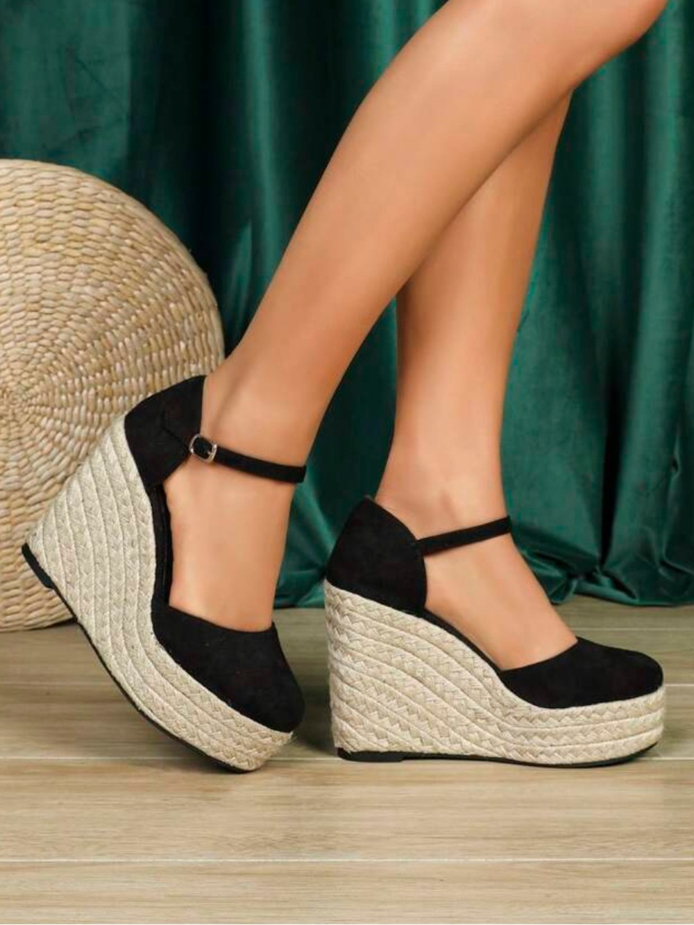 Black Espadrille Wedge Mary Jane Sandals with Ankle Strap